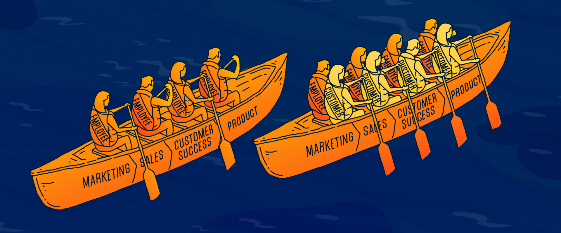 The boat with customers paddling alongside employees goes further, faster