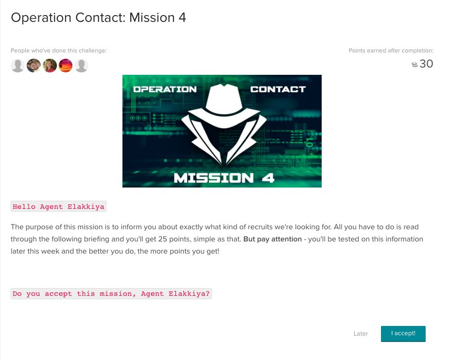 Screenshot of a fun, spy-themed challenge from Esker's advocate community.