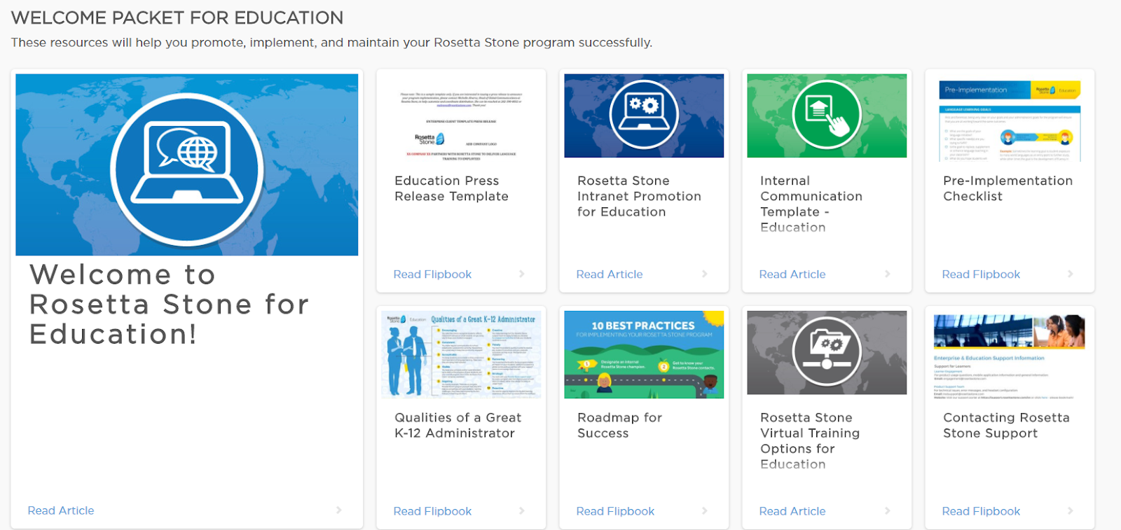 Screenshot of Rosetta Stone's welcome packet for advocates that features links to different educational content.